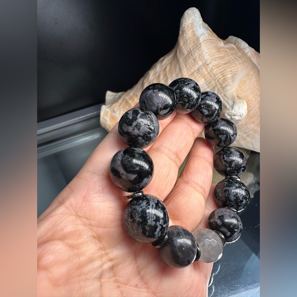 INDIGO GABBRO + GREY RUTILATED QUARTZ   STONES NATURAL BRACELET 7 - Picture 10 of 15